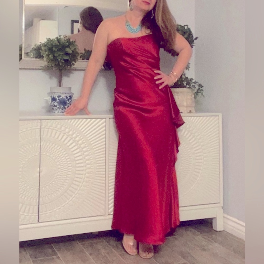 ABS red satin dress with slit - back zipper